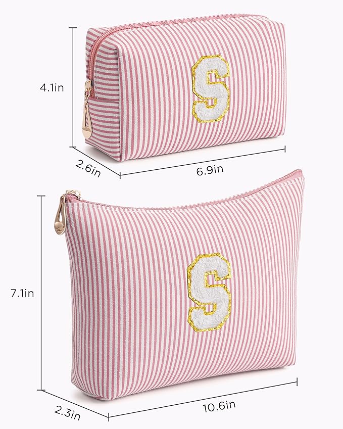 Pink Personalized Initial Makeup Bag Set, Cute Preppy Travel Toiletry Cosmetic Bags, Small Make Up Pouch, Birthday Gifts for Women, Girls, Friends, (S)