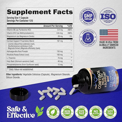 Cortisol Supplement - 11 in 1 Hormone Balance for Women - Made in USA Supplement - Mood, Focus, Sleep Support - Vegan, Non-GMO, Natural Pills - 120 Capsules