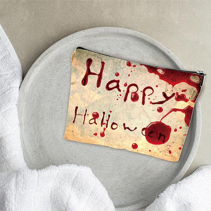 Happy Halloween Makeup Bag - Vintage Simulated Blood Stains - Horror Printing Cosmetic Bag, Toiletry Bag Gift For Girls, Halloween Treat Bag, Teen, Personal Care & Accessories - A12