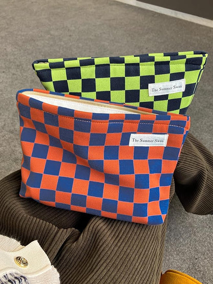 The Summer Swan Large Floral Mid-day Clutch Period Kit Hygiene Skincare Cute Makeup Bag (Colour Block Checkered Orange Navy)