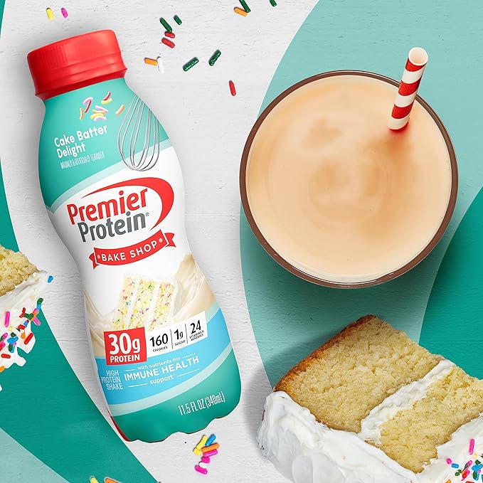 Premier Protein Shake, Cake Batter, 30g Protein, 1g Sugar, 24 Vitamins & Minerals, Nutrients to Support Immune Health, 11.5 Fl Oz, 12 Count