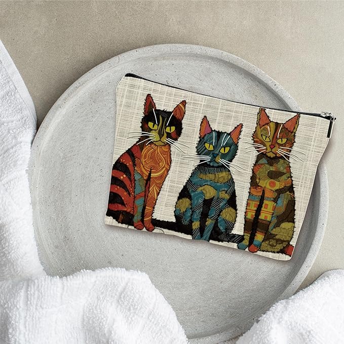 Vintage Makeup Bag - Three Cute Cats - Art Drawing Theme Cosmetic Bag, Toiletry Bag, Gift For Girls, Besties, Personal Care & Accessories - A23