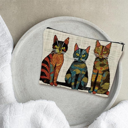 Vintage Makeup Bag - Three Cute Cats - Art Drawing Theme Cosmetic Bag, Toiletry Bag, Gift For Girls, Besties, Personal Care & Accessories - A23