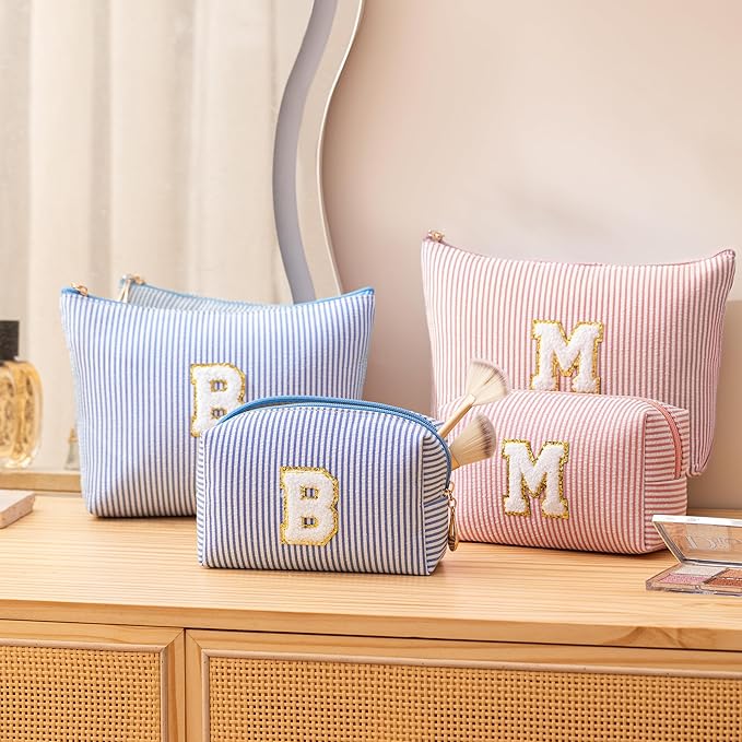 Pink Personalized Initial Makeup Bag Set, Cute Preppy Travel Toiletry Cosmetic Bags, Small Make Up Pouch, Birthday Gifts for Women, Girls, Friends, (W)