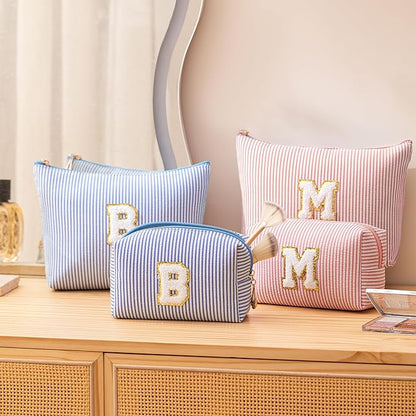 Pink Personalized Initial Makeup Bag Set, Cute Preppy Travel Toiletry Cosmetic Bags, Small Make Up Pouch, Birthday Gifts for Women, Girls, Friends, (W)