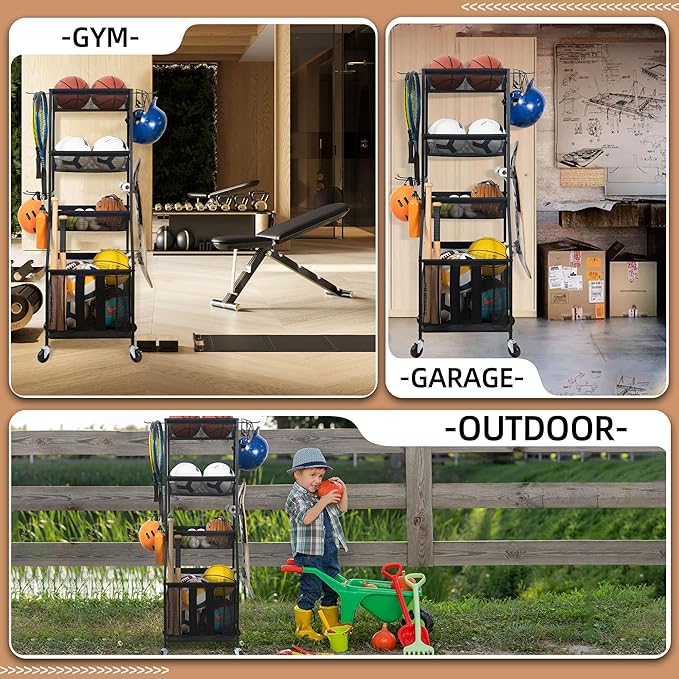 STORAGE MANIAC Ball Storage Bin Rolling Sports Ball Cart, Metal Garage Organizer Sport Rack Basketball Storage Cage for Garage or Gym, Indoor & Outdoor Sports Equipment Organizer