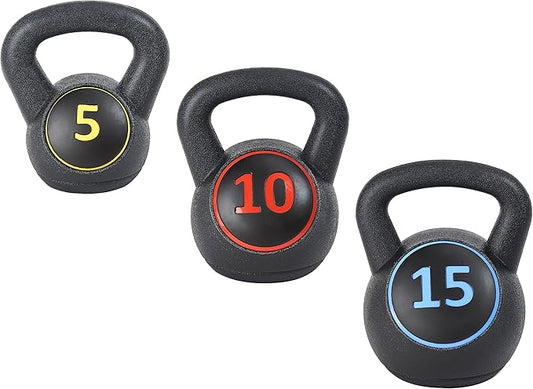 Signature Fitness Wide Grip 3-Piece Kettlebell Exercise Fitness 5 lbs, 10 lbs, 15 lbs 20 lbs, 3 or 4