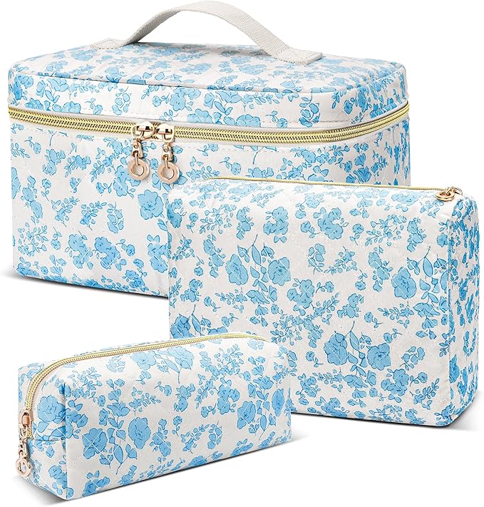 3 PCS Travel Makeup Bag Set, Large Cotton Make up Bag Quilted for Women, Floral Cosmetic Bag Toiletry Bag for Girls Cute Flower Toiletry Bag Travel Accessories Brushes Kawaii Stuff - Blue Flower