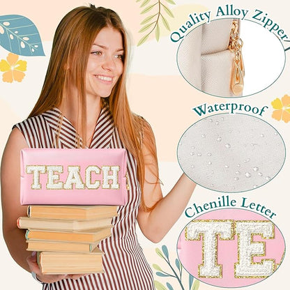 CY2SIDE TEACH Letter Makeup Bag - White TEACH Chenille Letter Patch Cosmetic Bag Pink PU Leather Patch Travel Pouch Waterproof Portable Zipper Travel Organizer for Teacher Appreciation Gifts Xams Gift