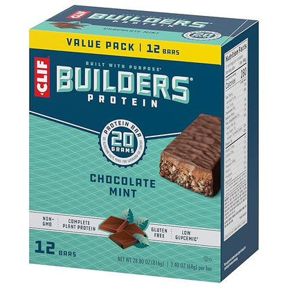 CLIF Builders - Chocolate Mint Flavor - Plant Based Protein Bars - Gluten Free - Non-GMO - Low Glycemic - 20g Protein - 2.4 oz. (12 Pack)