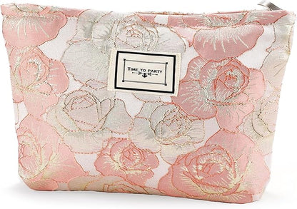 Rose Flower Makeup Bag Travel Large Cosmetic Bag for Women Cute Makeup Pouch Zipper Cosmetic Pouch for Purse Jacquard Aesthetic Pink Floral Make up Organizer Bag Portable Toiletry Bag