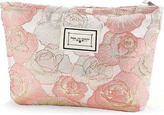 Rose Flower Makeup Bag Travel Large Cosmetic Bag for Women Cute Makeup Pouch Zipper Cosmetic Pouch for Purse Jacquard Aesthetic Pink Floral Make up Organizer Bag Portable Toiletry Bag