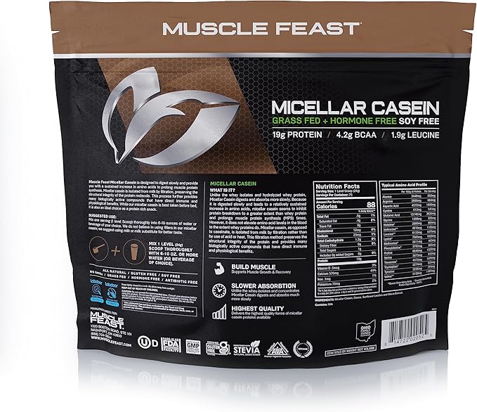 MUSCLE FEAST Pasture Raised + Grass Fed Micellar Casein + RBST/rBGH Free, Chocolate, 4lb