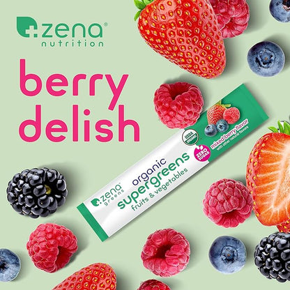 Zena Organic Super Greens Powder, 70+ Superfoods Drink Mix, 0 Sugar, 3G Fiber, Fruits, Veggies, Spirulina, Chlorella, Antioxidants, Pre & Probiotics, Digestive Enzymes, Mixed Berry Flavor, 30 Packets