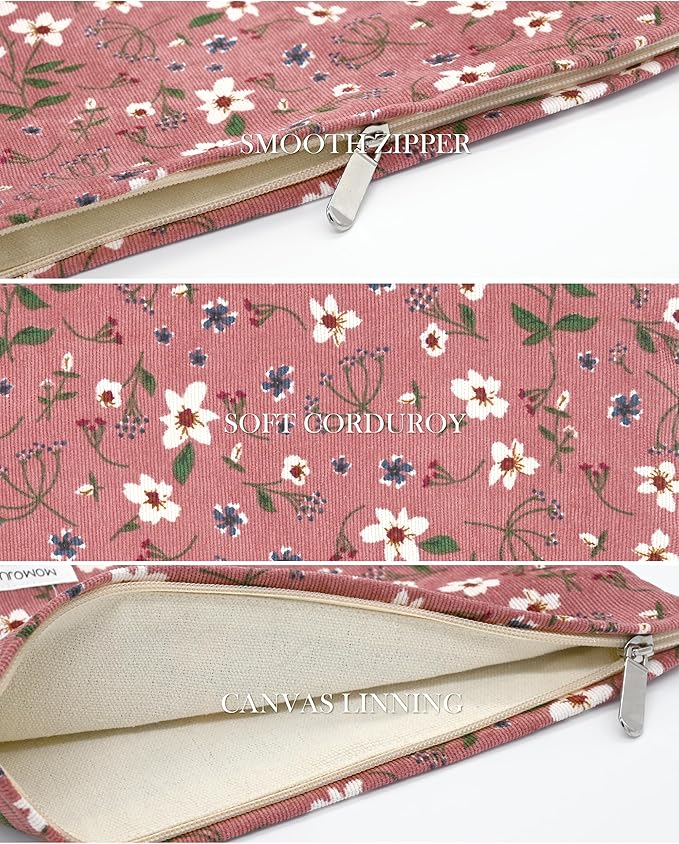 Corduroy Makeup Bag Cosmestic Bag Large Capacity Ladies Women Aesthetic Make Up Organizer Accessories Zipper Pouch Purse （Beige+Pink Flower）