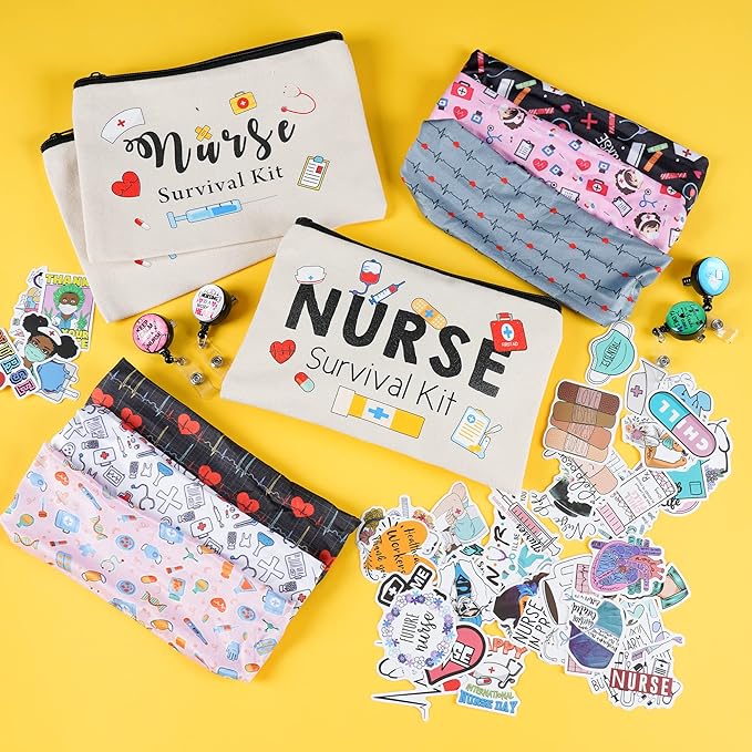 Kolewo4ever 118pcs Nurse Appreciation Gifts CNA Week Gifts 6 Nurse Badge Reel Retractable 6 Nurse Makeup Bags Cosmetic Bag 6 Nursing Headbands 100 Nurse Stickers