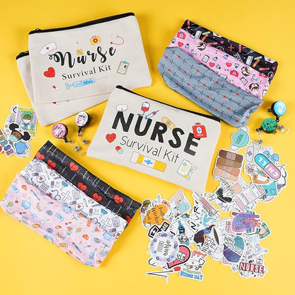 Kolewo4ever 118pcs Nurse Appreciation Gifts CNA Week Gifts 6 Nurse Badge Reel Retractable 6 Nurse Makeup Bags Cosmetic Bag 6 Nursing Headbands 100 Nurse Stickers