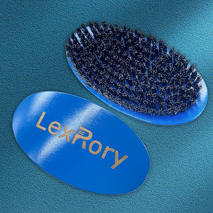 Wave Brush 360 Degree Curved for Men - Medium Hard Hair Brushes, Natural Palm Brush with Boar Bristles Firm Nylon for Wavy Hair Routine Brushing (Blue)