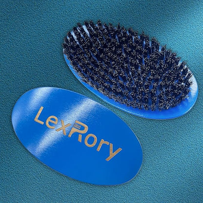 Wave Brush 360 Degree Curved for Men - Medium Hard Hair Brushes, Natural Palm Brush with Boar Bristles Firm Nylon for Wavy Hair Routine Brushing (Blue)
