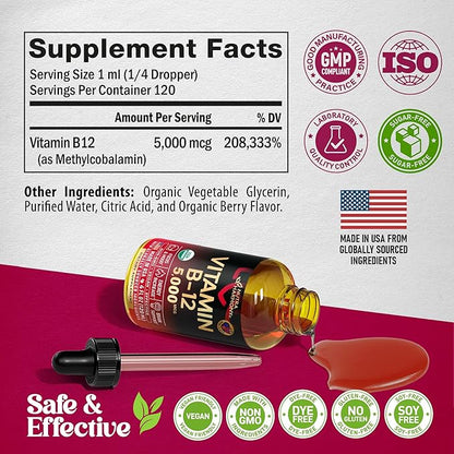 USDA Organic Vitamin B12 Sublingual Drops - 5000 mcg Liquid Vegan Methylcobalamin - Energy Boost, Focus & Mood, Metabolism & Brain Health Support - Maximize Absorption - 4 Month Supply, 4 fl oz