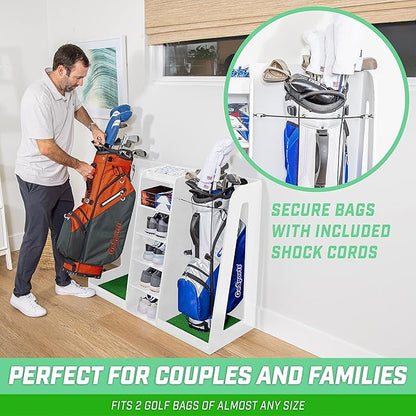 GoSports Premium Wooden Golf Bag Organizer and Storage Rack - Black, White or Brown Finish - Holds 2 Golf Bags