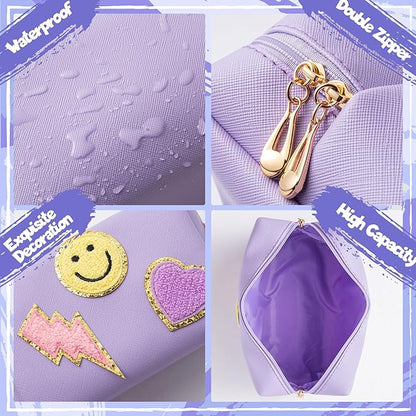 LieToi Preppy Patch Cosmetic Toiletry Bag, PU Leather Portable Waterproof Makeup Bag Smile Lightning Heart Organizer Compliant Bag Daily Travel Use Storage Purse for Women Girls (Large, Taro Purple)