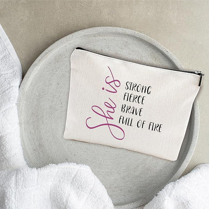 Minimalism Makeup Bag - She Is Strong, Fierce, Brave, Full Of Fire - Energy Quotes Cosmetic Bag, Toiletry Bag Gift For Girls, Teen, Personal Care & Accessories(Bright) - A07