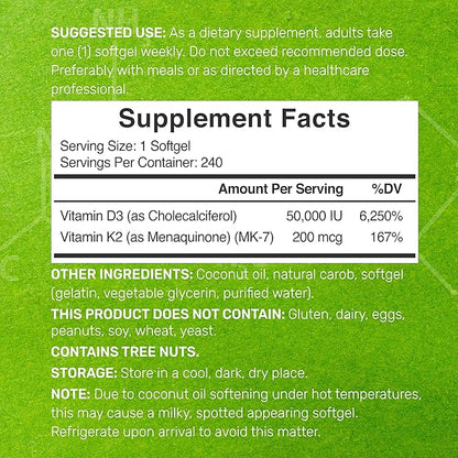 DEAL SUPPLEMENT Vitamin D3 50,000 IU + K2 MK7 200 mcg,240 Softgels | Virgin Coconut Oil, Max Strength Vitamin D & K, Promotes Heart, Bone, & Teeth Health – One Softgel Weekly, Easy to Swallow