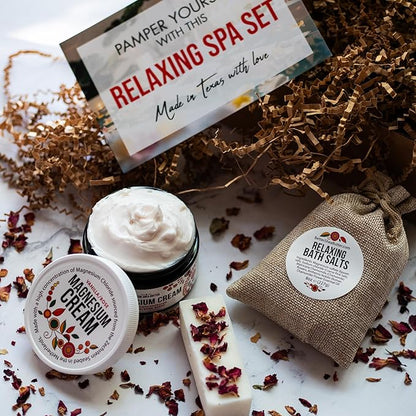Natural Spa Gift Box, Self Care Kit for Women - Chamomile Bath Salts, Vanilla Rose Magnesium Cream, Non-Toxic Soy Wax Melts - Mother's Day Gift, Easter Basket for Women, Pregnancy Box