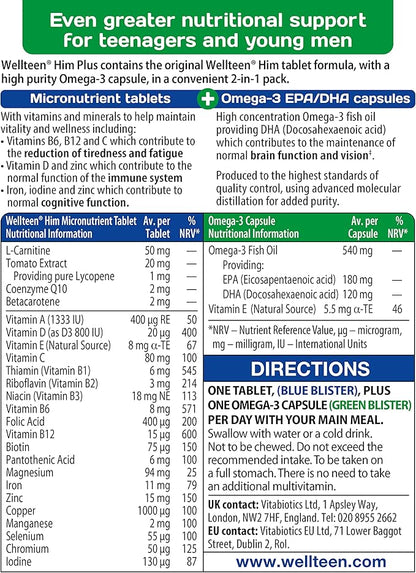 Wellteen Him Plus Omega-3 - Maximum Nutritional Support for Teenagers and Young Men Ages 13-19 - 56 Tablets and Capsules
