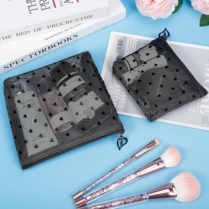 6 Pack Mini Zipper Mesh Makeup Bags, Heart Print Nylon Cosmetic Bags Toiletry Bags for Office Travel Organization (Widened-Black, XS)