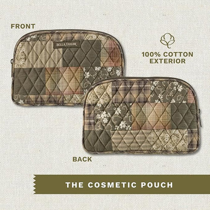 Bella Taylor Large Makeup Pouch for Women | Quilted Cotton Cosmetic Bag for Travel and Organization | Woodland Patch
