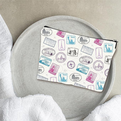 Full Print Makeup Bag - Travel Stamps Theme - Waterproof Cosmetic Bag, Toiletry Bag, Gift For Girls, Besties, Personal Care & Accessories - A22