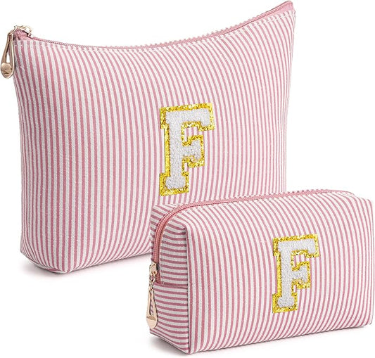 Pink Personalized Initial Makeup Bag Set, Cute Preppy Travel Toiletry Cosmetic Bags, Small Make Up Pouch, Birthday Gifts for Women, Girls, Friends, (F)