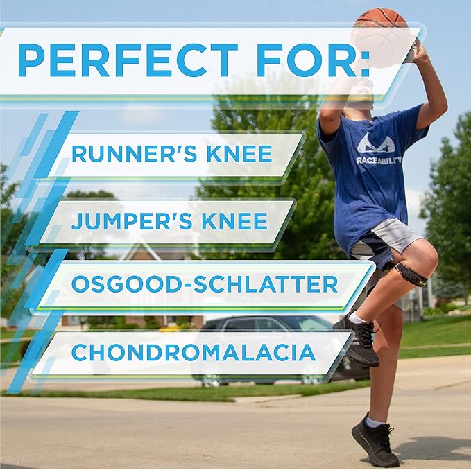 BraceAbility Kids Knee Band - Youth Patellar Tendon Support Strap Child Osgood Schlatter Brace for Jumpers Knee, Patella Tendonitis, Sports Wrap for Running, Soccer, Volleyball, Basketball (XS)