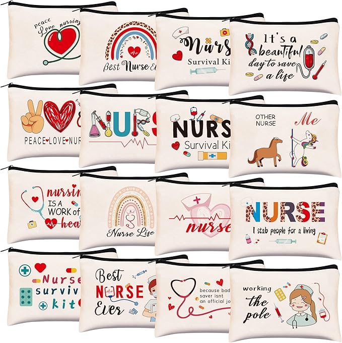 Kolewo4ever 16 Pieces Nurse Survival Kit Nurse Practitioner Gifts Nurse Appreciation Gifts CNA Week Gifts Nursing Makeup Bags Cosmetic Funny Travel Pouch Bag for Women Nurses