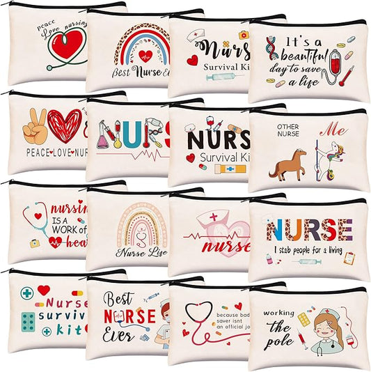 Kolewo4ever 16 Pieces Nurse Survival Kit Nurse Practitioner Gifts Nurse Appreciation Gifts CNA Week Gifts Nursing Makeup Bags Cosmetic Funny Travel Pouch Bag for Women Nurses
