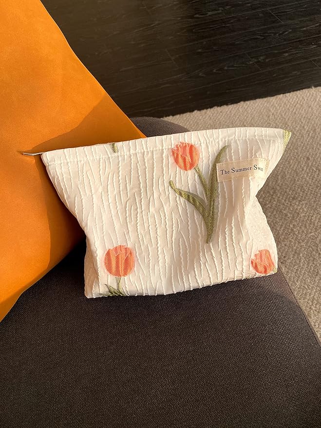 The Summer Swan | Large Aesthetic Makeup Bag Preppy Skincare Organizer Floral Mid-day Clutch Period Kit Hygiene Cute (Tulip)