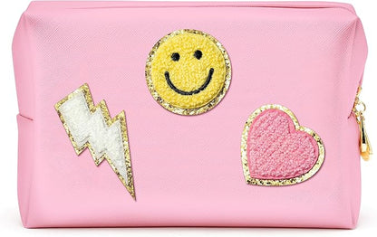 LieToi Preppy Patch Cosmetic Toiletry Bag, PU Leather Portable Waterproof Makeup Bag Smile Lightning Heart Organizer Compliant Bag Daily Travel Use Storage Purse for Women Girls (Large, Pink)