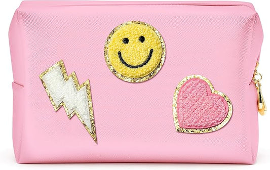 LieToi Preppy Patch Cosmetic Toiletry Bag, PU Leather Portable Waterproof Makeup Bag Smile Lightning Heart Organizer Compliant Bag Daily Travel Use Storage Purse for Women Girls (Large, Pink)