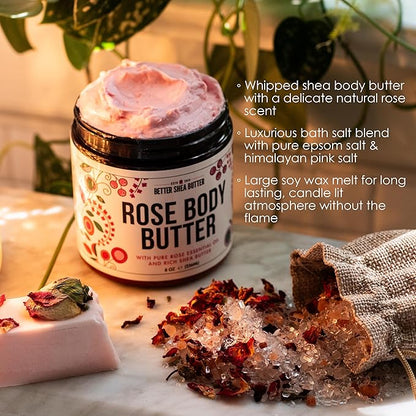 Natural Spa Gift Set for Women, Luxury Bath Set with Rose Bath Salt, Non Toxic Wax Melts and Rose Body Butter – Perfect as New Mom Gifts, Stress Relief Gifts, Gift Box for Women, Self Care Kit