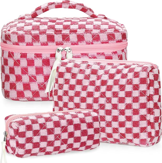 Quilted Makeup Bag Set, 3Pcs Large Checkered Corduroy Cosmetic Bags, Cute Coquette Makeup Bag Toiletry Zipper Pouch Bag for Women and Girls Checkered