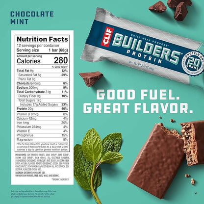 CLIF Builders - Chocolate Mint Flavor - Plant Based Protein Bars - Gluten Free - Non-GMO - Low Glycemic - 20g Protein - 2.4 oz. (12 Pack)