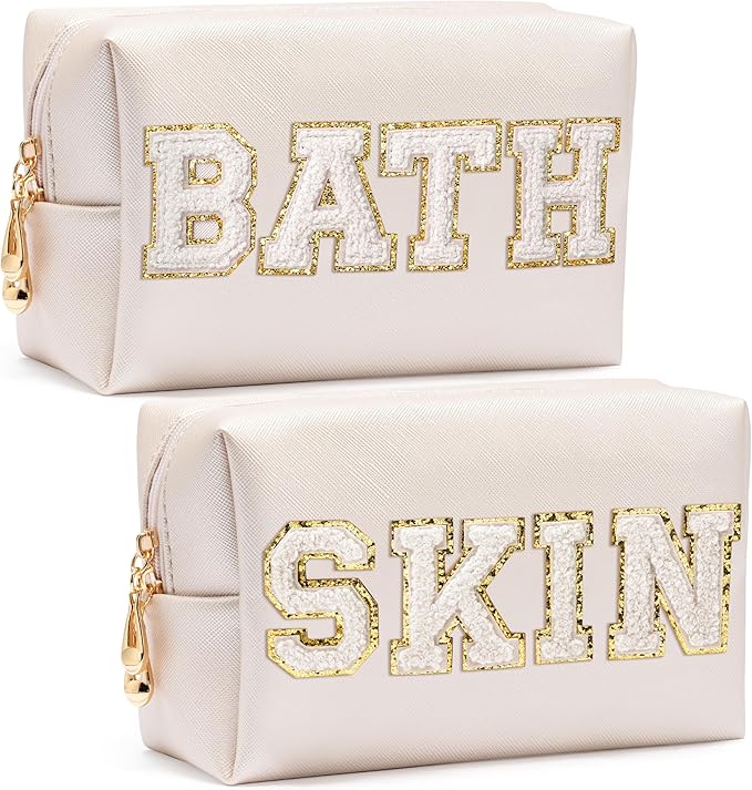 CY2SIDE SKIN Letter Makeup Bag - 2PCS SKIN and BATH Chenille Letter Patch Cosmetic Bag Preppy PU Leather Patch Pouch Waterproof Portable Zipper Travel Organizer Case Christmas Gifts for Women Girls