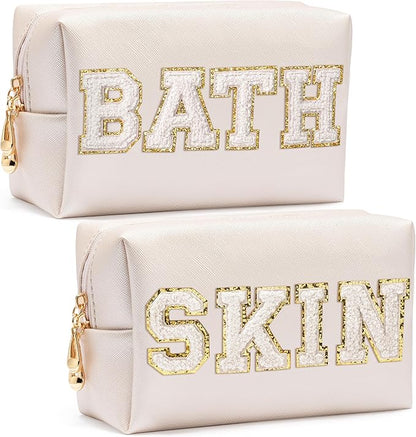 CY2SIDE SKIN Letter Makeup Bag - 2PCS SKIN and BATH Chenille Letter Patch Cosmetic Bag Preppy PU Leather Patch Pouch Waterproof Portable Zipper Travel Organizer Case Christmas Gifts for Women Girls
