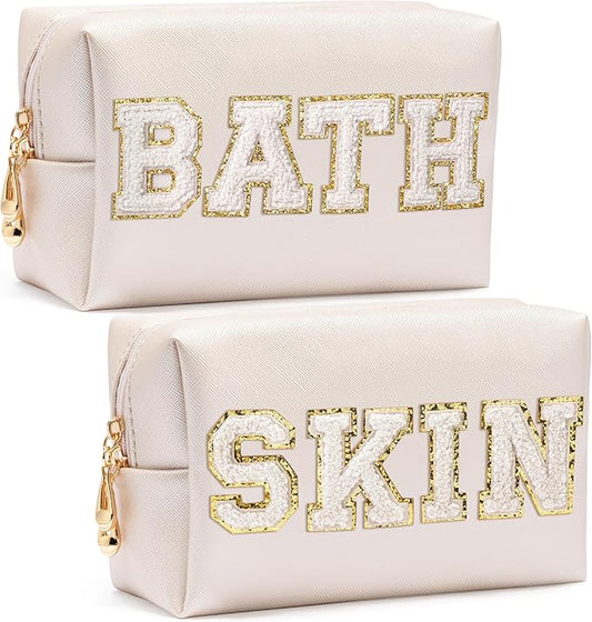 CY2SIDE SKIN Letter Makeup Bag - 2PCS SKIN and BATH Chenille Letter Patch Cosmetic Bag Preppy PU Leather Patch Pouch Waterproof Portable Zipper Travel Organizer Case Christmas Gifts for Women Girls