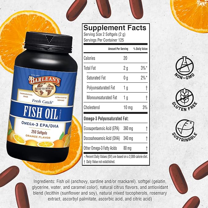 Barlean's Omega 3 Fish Oil Supplements, 600mg Fish Oil Pills with EPA & DHA, Softgels for Joint, Brain, & Heart Health, Orange Flavored, 250 Count
