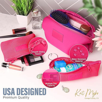 Kat Myhr Neoprene Washable Travel Makeup & Cosmetic Bag Set, 2 Air Mesh Pouches,100% Neoprene Toiletry Bag, Large Water Resistant Travel Bag for Toiletries, Makeup Cosmetic Travel Bag (Fuchsia Pink)