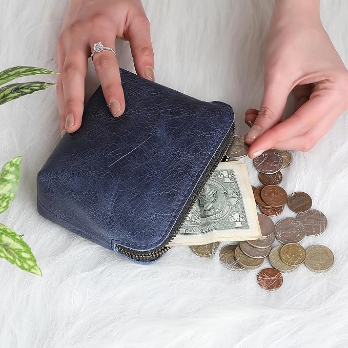 The Antiq Blue Leather Cosmetic Bags For Women Travel Set - HandCrafted Zipper Coin Pouch Blue Makeup Bag Set Small Toiletry Bags for Women - Makeup Essentials Organiser Mini Cosmetic Pouch For Purse