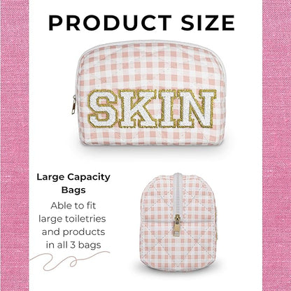 3pc Checker Makeup Cosmetic Bag Preppy Patch Travel Pouch for Women Chenille Letter Patch Small Portable Cosmetic Bag (Pink & White) (Bag Without Handle)